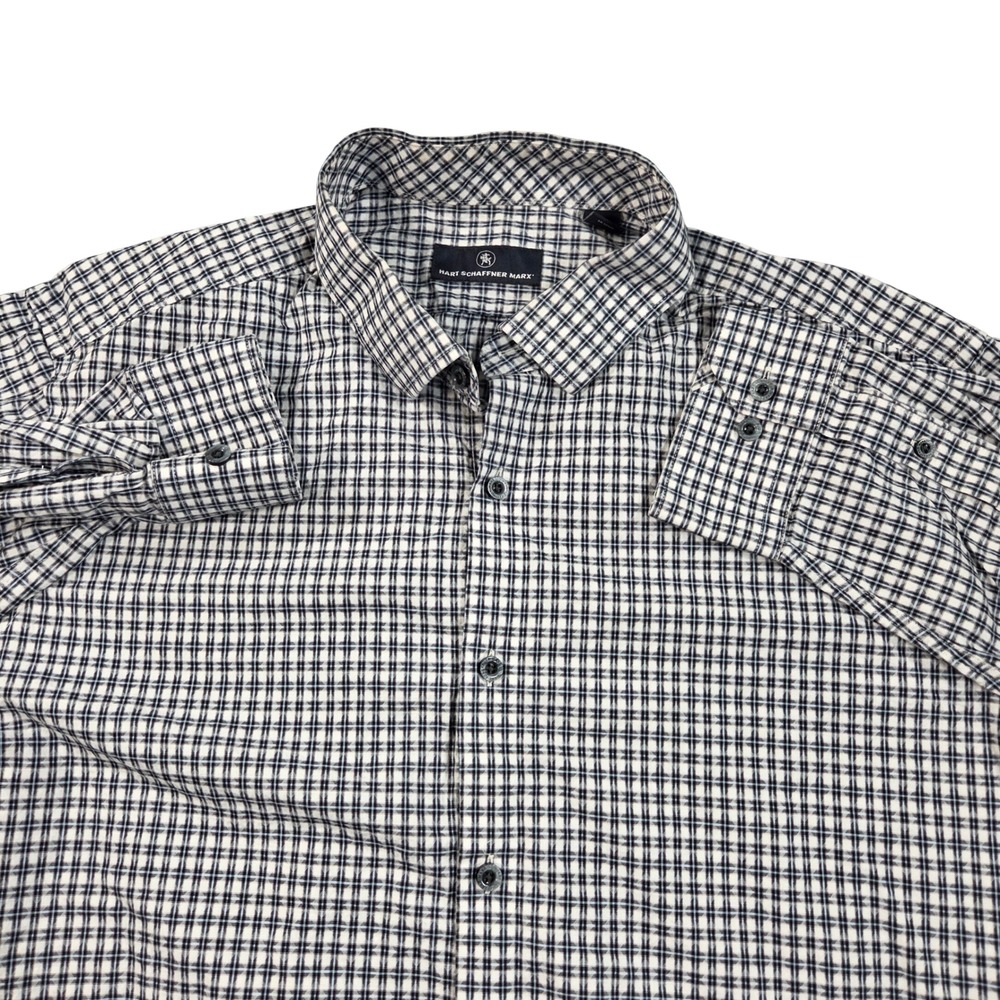 Hart Schaffner Marx Shirt Mens XL Blue White Button Down Plaid Cotton LS